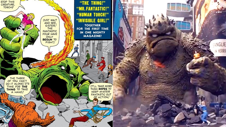 Les quatre fantastiques combattant Giganto dans les bandes dessinées et dans le film
