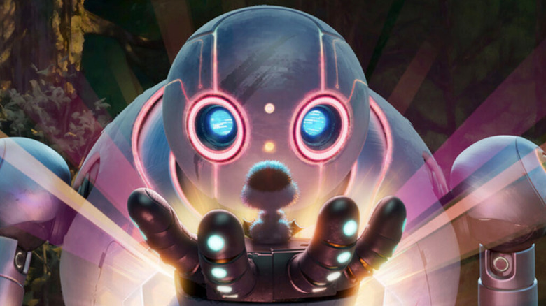 Roz regardant un caneton dans The Wild Robot (2024)