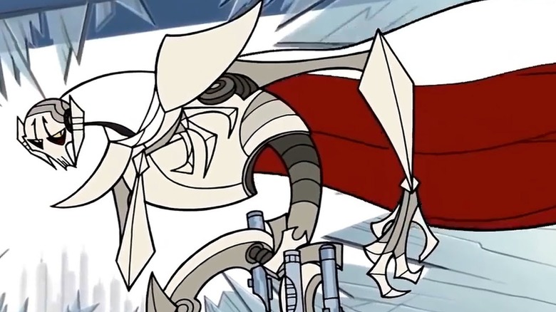Le général Grievous brandit sa cape avec ses quatre sabres laser sur la hanche dans Star Wars : Clone Wars