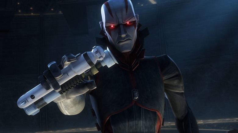 Le Fils renfrogné et tenant deux sabres laser 