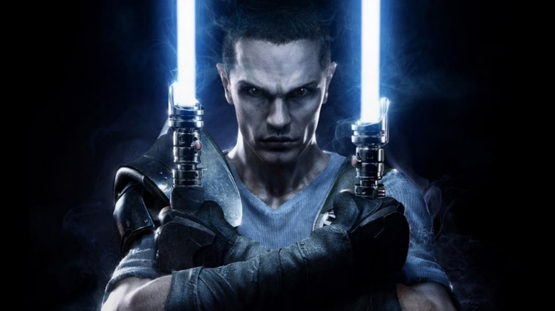Starkiller brandissant deux sabres laser bleus 