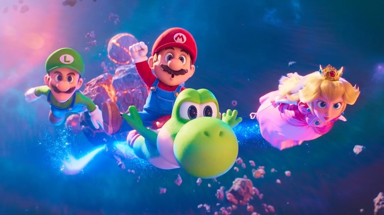 Mario chevauchant Yoshi avec Luigi et Peach de chaque côté d'eux.