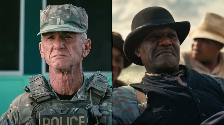 Lockjaw en tenue militaire regardant au milieu-distance dans One Battle After Another et Delta Slim dans la voiture souriant dans Sinners