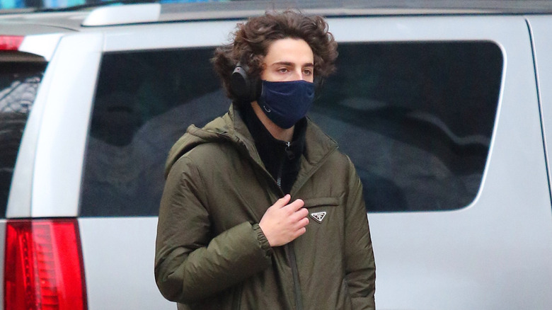 Timothée Chalamet marchant dehors avec un masque en 2020
