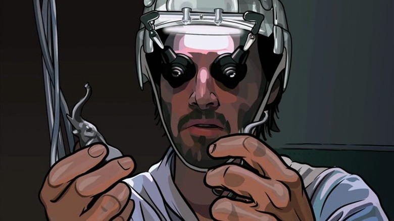 Bob Arctor porte un casque de science-fiction dans A Scanner Darkly