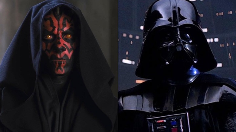Dark Maul portant une cape dans Star Wars : La Menace Fantôme et Dark Vador debout sur une mariée dans Star Wars : L'Empire contre-attaque