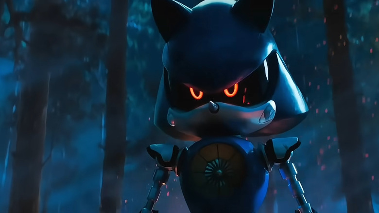 Metal Sonic se tient de façon menaçante dans une forêt sombre, regardant Sonic du regard. 