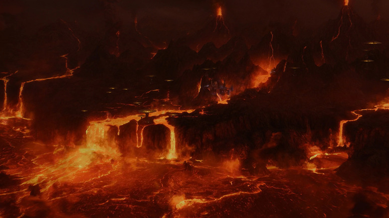 Une large vue sur une rivière de lave à Mustafar dans La Revanche des Sith