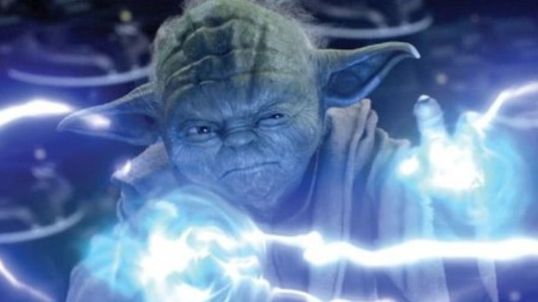 Yoda grimace alors qu'il se défend contre la foudre bleue de la Force dans Star Wars Episode II : L'Attaque des Clones