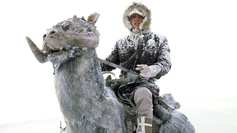 Han Solo chevauchant un tauntaun enneigé sur Hoth