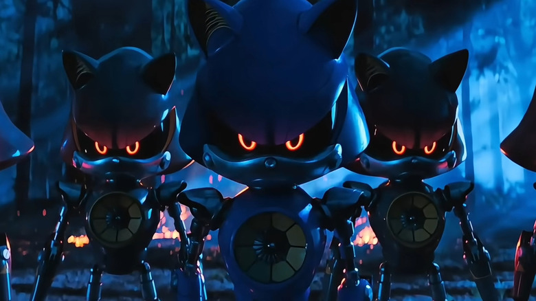 Un escadron de Metal Sonics avançant sur Sonic dans une sombre forêt de
