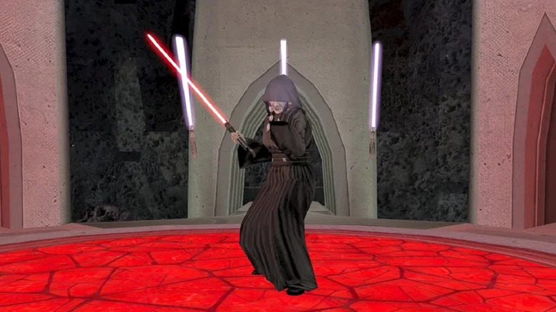 Kreia tient un sabre laser rouge avec trois sabres laser violets flottant autour d'elle. 