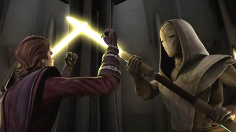 Anakin tient ses bras contre un garde du Temple Jedi tenant un sabre laser 