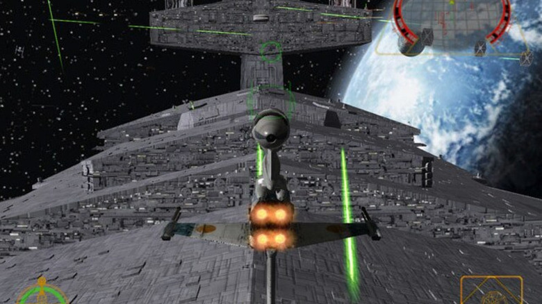 Gameplay d'un chasseur B-wing affrontant un Imperial Star Destroyer dans Star Wars Rogue Squadron II: Rogue Leader (2001)