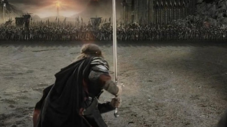 Aragorn court contre les armées du Mordor dans Le Seigneur des Anneaux : Le Retour du Roi (2003)