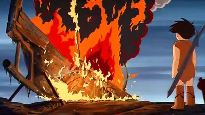 Horus regarde un navire englouti par les flammes dans Horus, Prince du Soleil (1968)