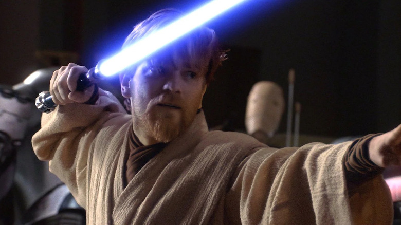 Obi-Wan Kenobi adoptant une position Soresu contre le général Grievous dans La Revanche des Sith (2005)