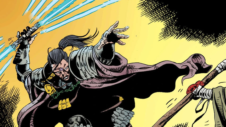 Exar Kun brandissant son sabre laser au combat dans les bandes dessinées Les Contes des Jedi