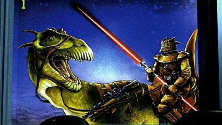 Guerrier brandissant un sabre laser à double lame au sommet d'un dragon de guerre Ubese Thorn-Back