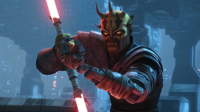 Savage Opress tenant un sabre laser rouge à double lame devant lui tout en grimaçant dans Star Wars : The Clone Wars (2008)