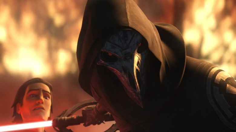 Le onzième frère tient son sabre laser rouge sous la gorge d'un fermier alors que le feu brûle en arrière-plan dans Star Wars : Les Contes du Jedi (2022)