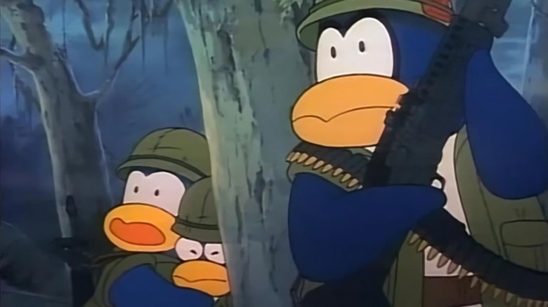 Mike et ses compagnons de guerre se préparent au combat dans Penguin's Memory: A Tale of Happiness (1985)