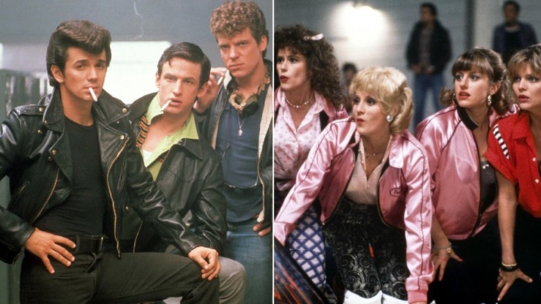 Acteurs masculins de Grease 2 posant dans les vestiaires / acteurs féminins de Grease 2 en vestes roses