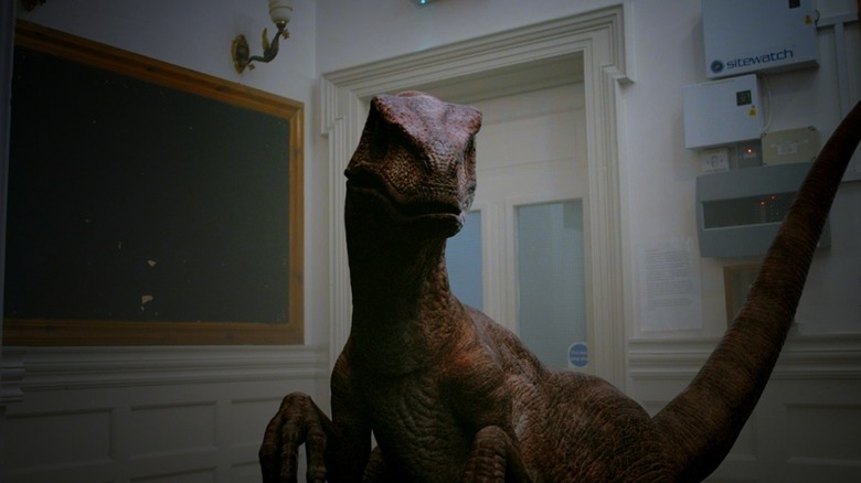 Un rapace tapi dans le couloir d'un hôtel dans Dinosaur Hotel (2021)