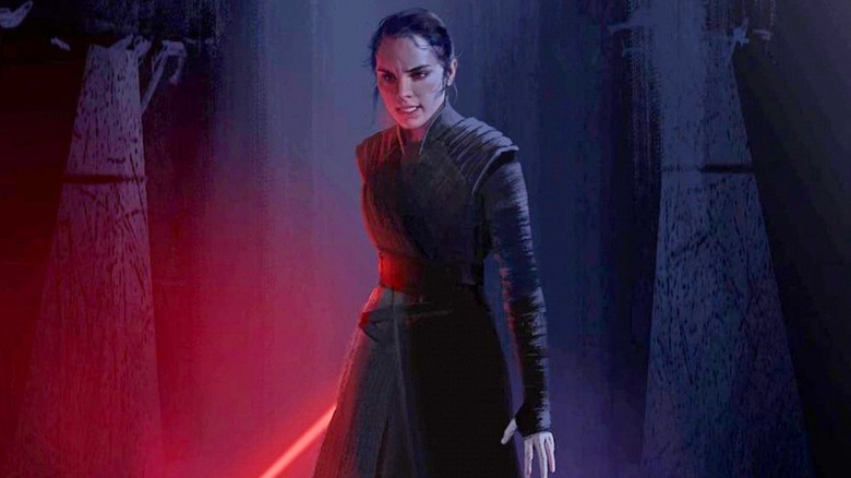 Dark Rey tenant un sabre laser rouge