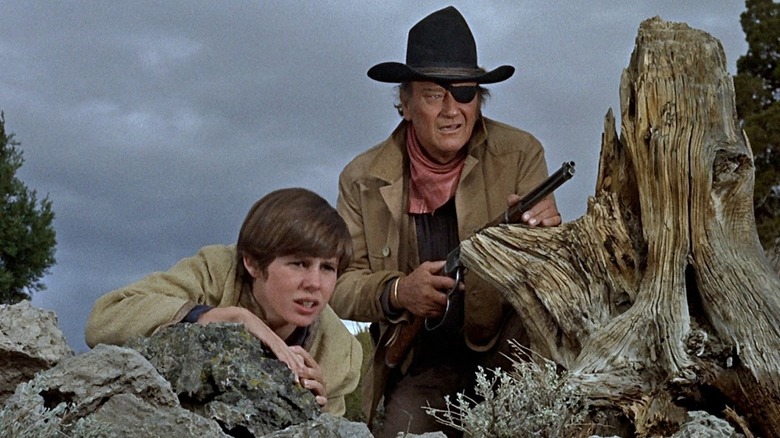Coq Cogburn accroupi sur des rochers avec Mattie à l'intérieur 