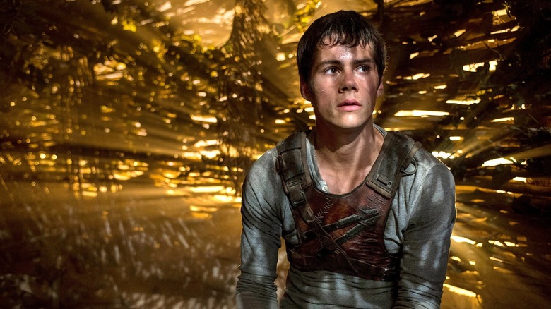 Thomas regardant autour d'un environnement jaune dangereux dans The Maze Runner (2014)