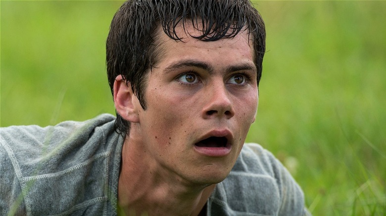 Thomas allongé dans l'herbe effrayé dans The Maze Runner (2014)