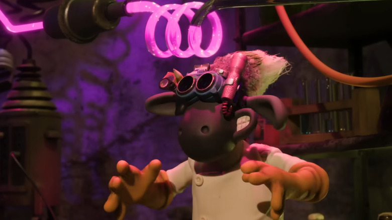 Shaun le mouton dans une tenue de savant fou faisant des expériences dans 