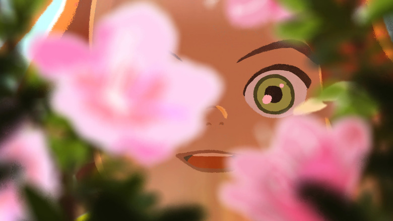 Amélie contemplant les fleurs dans La Petite Amélie ou le personnage de la pluie (2025)